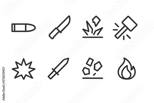Armor Threats Icons. Outline icon set of armor threats: bullet, knife, shrapnel, blunt force, explosion, stabbing weapon, debris, fire. Line icons in only