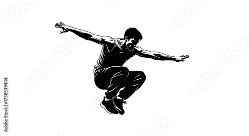 Silhouette of a man performing a parkour jump with arms outstretched on a white background action