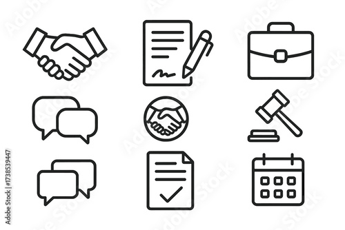 Negotiation Icons Set. Outline icon set of high stakes negotiation: handshake, contract, briefcase, gavel, speech bubble, deal, agreement, calendar. Line icons