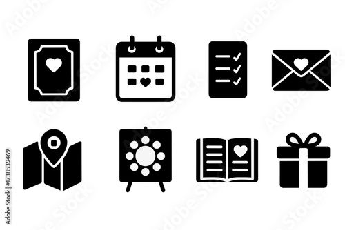 Banquet Invitation Icons. Solid, filled icon set of banquet invitations and planning: invitation card, calendar, checklist, RSVP envelope, venue map, seating