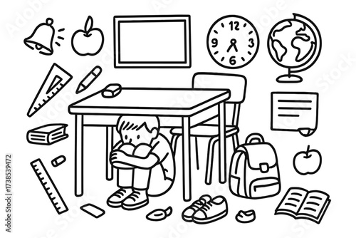 Classroom Doodle Icons. Hand-drawn doodle illustration Classroom hiding under table school desk, chair, backpack, books, pencil, eraser, ruler, clock, globe,