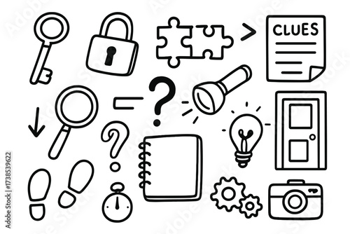 Escape Room Essentials. Hand-drawn doodle illustration escape room puzzle key, lock, puzzle pieces, clues, flashlight, notebook, magnifying glass, arrows,