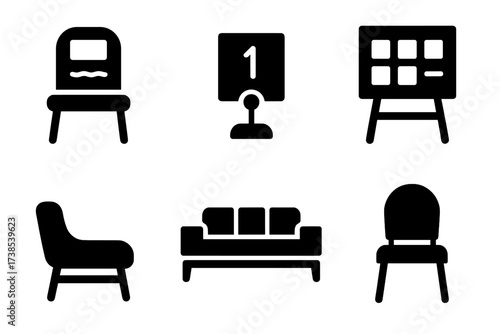 Guest Seating Icons. Solid, filled icon set of guest seating arrangements: reserved seat, place card holder, table number, seating chart board, lounge seating,
