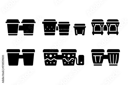 Bongo Icon Collection. Solid, filled icon set of bongo types: traditional bongo, synthetic bongo, mini bongo, professional bongo, practice bongo, electric