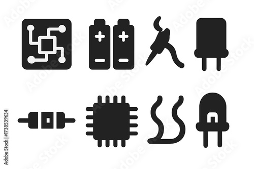 Nickel Electronics Icons. Solid, filled icon set of nickel uses in electronics: circuit board, battery pack, soldering iron, capacitor, resistor, microchip,