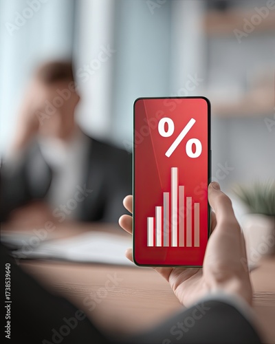 A photorealistic image of a smartphone screen showing negative interest rates and a worried investor holding it, modern home office background