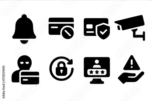 Credit Card Fraud Icons. Solid, filled icon set of credit card fraud protection: alert bell, blocked card, fraud detection, security camera, identity theft,