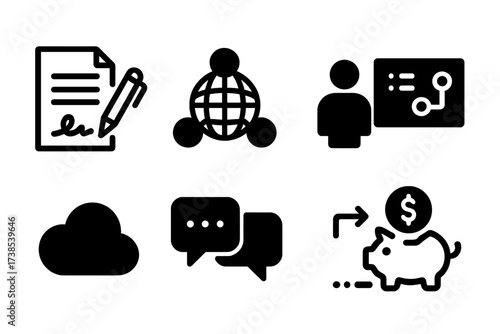 Outsourcing Process Icons. Solid, filled icon set of outsourcing process: contract signing, global network, remote team, project management, cloud computing,