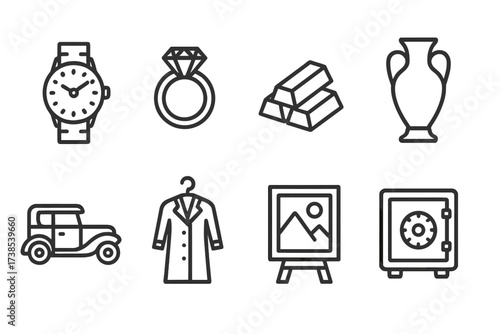 Noble Possessions Icons. Outline icon set of noble possessions: luxury watch, diamond ring, gold bars, antique vase, vintage car, designer clothing, artwork,