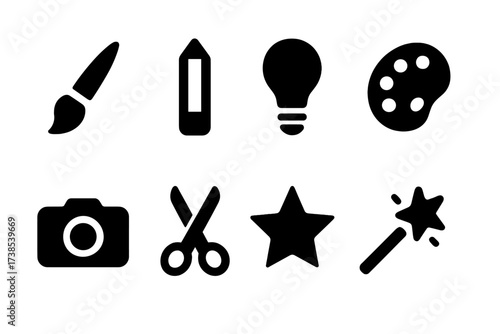 Creative Agency Icon Set. Solid, filled icon set of agency logo creative: paintbrush, pencil, lightbulb, palette, camera, scissors, star, magic wand. [Line