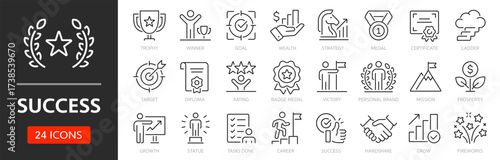 Success line icon set. Editable Stroke. Winner, trophy, goal, medal, target, strategy, mission - stock vector.