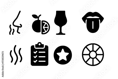 Black Vodka Icons. Solid, filled icon set of vodka tasting and aroma: nose sniffing, flavor notes, tasting glass, palate, aroma waves, score sheet, rating