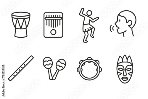Ugandan Music, Rwandan Wildlife Icons. Outline icon set of Ugandan music and dance: Drum, Thumb piano, Dancing figure, Singing, Flute, Rattles, Tambourine,