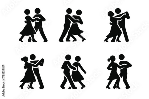 Ballroom Dance Icons. Solid, filled icon set of ballroom dance steps: waltz, tango, foxtrot, quickstep, Viennese waltz, cha-cha, rumba, samba. Solid, filled