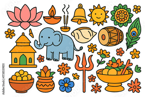 Hindu Symbols Doodle. Hinduism. Colorful Hand-drawn doodle Children illustration lotus, diya lamp, incense, bell, conch shell, temple, elephant, drum, sun,