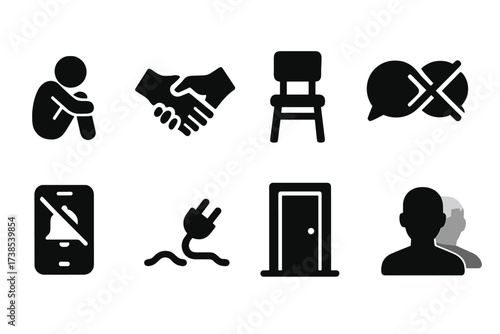 Social Desperation Icons. Solid, filled icon set of social desperation: isolated figure, broken handshake, empty chair, crossed speech bubbles, silent phone,
