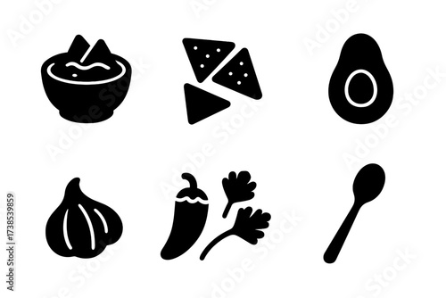 Bean Dip Icon Set. Solid, filled icon set of bean dip: bowl of dip, tortilla chips, avocado, lime wedge, garlic clove, jalapeno, cilantro, spoon. [Line icons