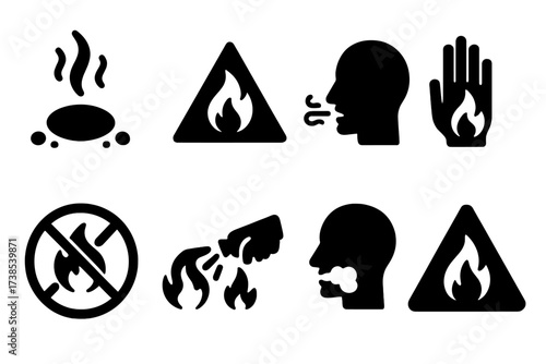 Ember Warning Icons. Solid, filled icon set of ember-related warnings: hot ember, fire hazard sign, smoke alert, burn injury, no fire zone, extinguish fire,