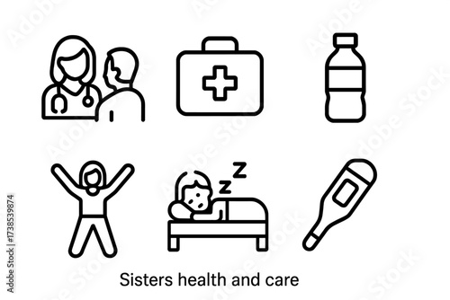 Sister's Health Icons. Outline icon set of sister?s health and care: doctor visit, first aid kit, healthy meal, water bottle, exercise, sleep, medicine bottle,