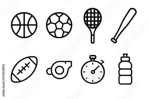 Sports Icon Collection. Outline icon set of sports playtime: basketball, soccer ball, tennis racket, baseball bat, football, whistle, stopwatch, water bottle.