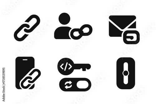 Account Linking Icons. Solid, filled icon set of account linking: link icon, social media account, email connect, phone link, API key, external account, sync