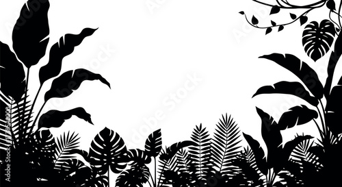 Silhouette of lush jungle foliage framing a white space with vines at the top tropical leaves