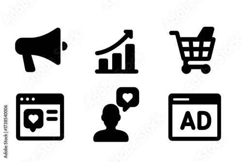 Social Media Icons. Solid, filled icon set of social media marketing: megaphone, analytics chart, target audience, shopping cart, discount tag, sponsored post,