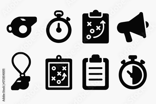 Coach Tools Icons. Solid, filled icon set of coach tools: whistle, stopwatch, clipboard, megaphone, whistle with lanyard, tactical board, clipboard with paper,