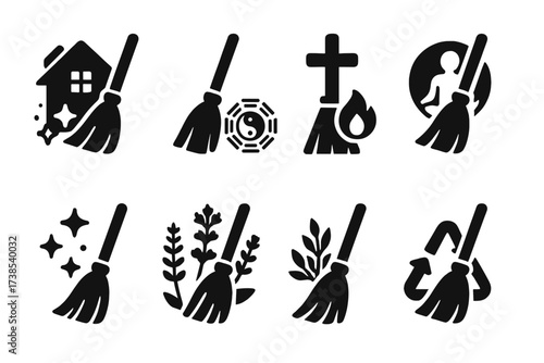 Ritual Broom Icons. Solid, filled icon set of ritual broom modern uses: house cleaning, feng shui, home blessing, spiritual workshop, meditation space, energy