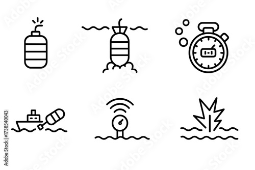 Depth Charge Icons. Outline icon set of depth charge: explosive device, underwater detonation, sinking bomb, timer mechanism, naval ship launcher, sonar