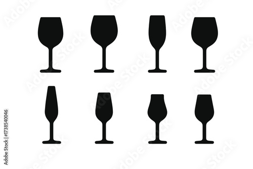 Wine Glass Icons. Solid, filled icon set of wine glass types by region: Bordeaux glass, Burgundy glass, Champagne flute, Chianti glass, Riesling glass, Sherry