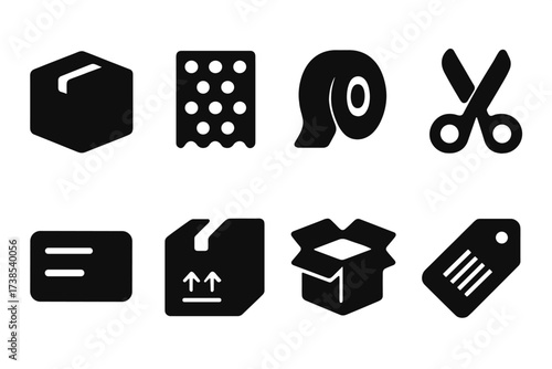 Packaging Materials Icons. Solid, filled icon set of packaging materials: cardboard box, bubble wrap, packing tape, scissors, label sticker, shipping box, open