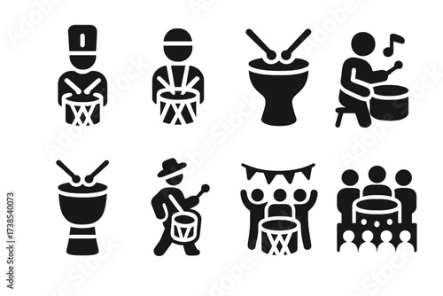Drum Culture Icons. Solid, filled icon set of drumroll history and culture: marching band, drum corps, traditional drum, folk music, ceremonial drum, street