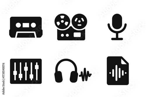 Sound Recording Icons. Solid, filled icon set of sound recording: cassette tape, reel-to-reel, digital recorder, microphone, mixing console, headphones, sound