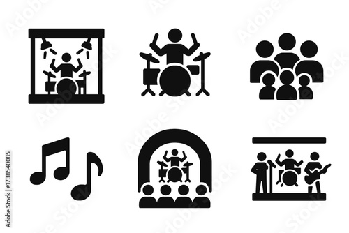 Drum Kit Performance Icons. Solid, filled icon set of drum kit performance: stage, spotlight, drummer silhouette, audience, microphone, music notes, concert