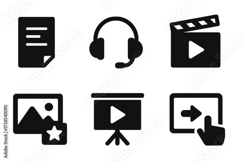 Content Format Icons. Solid, filled icon set of content formats: text, audio, video, image, animation, slideshow, infographic, interactive. [Line icons in only