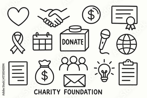 Charity Doodle Icons. Hand-drawn doodle illustration charity foundation heart, handshake, donation box, coin, certificate, ribbon, calendar, group of people,