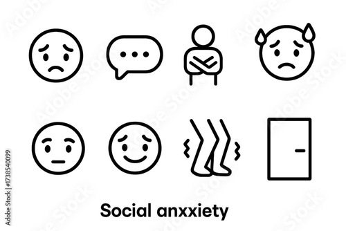 Social Anxiety Icons. Solid, filled icon set of social anxiety: shy face, speech bubble with dots, crossed arms, sweating forehead, avoidant eyes, nervous