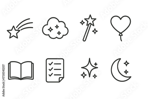 Soulmate Dreams Icons. Outline icon set of soulmate dreams: shooting star, dream cloud, magic wand, heart balloon, open book, wish list, sparkling light, moon