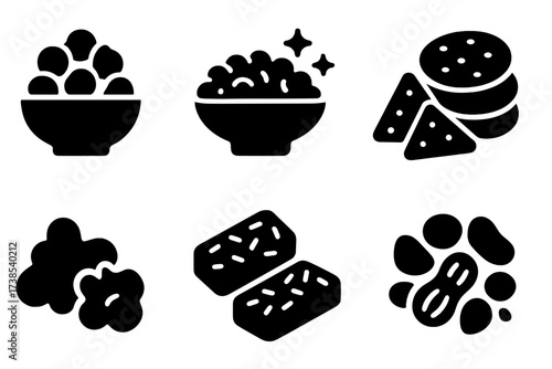 Pulse Snack Icons. Solid, filled icon set of pulse-based snacks: roasted chickpeas, spiced lentils, pulse chips, bean crackers, lentil cookies, pulse popcorn,