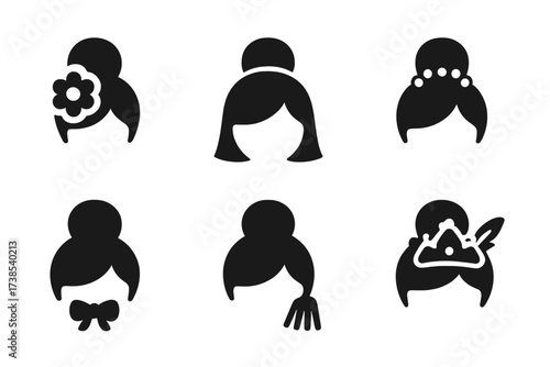 Bun Hairstyles Icons. Solid, filled icon set of bun hairstyles with accessories: bun with flower, bun with veil, bun with pearls, bun with beads, bun with