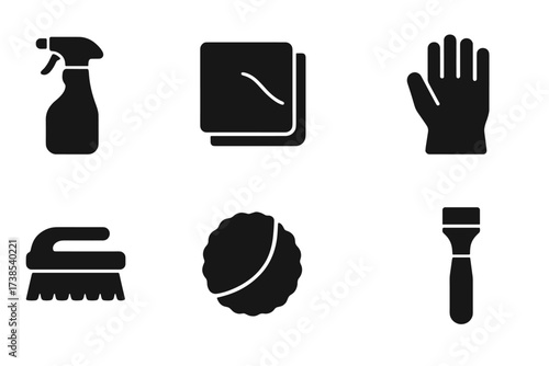 Glass Maintenance Icons. Solid, filled icon set of glass maintenance tools: glass cleaner spray, microfiber cloth, squeegee, gloves, brush, polishing cloth,