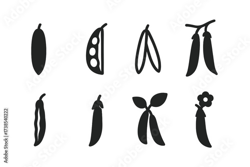 Bean Pod Icon Set. Solid, filled icon set of bean pod: closed pod, open pod with beans, split pod, bean pod branch, dried pod, young pod, pod with leaves, pod