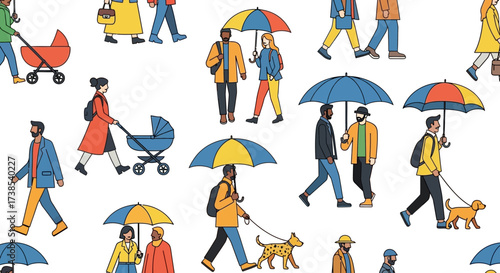A Diverse Group of People Strolling Through a Cityscape on a Rainy Day Each Holding an Umbrella