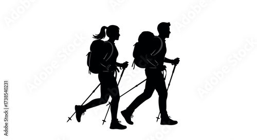 Silhouette of Two Hikers with Backpacks and Poles on White Background hiking trekking