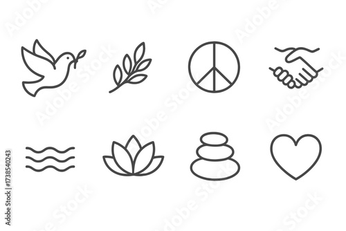 Peace Icon Set. Outline icon set of forever peace: dove, olive branch, peace sign, handshake, calm water, lotus flower, zen stones, heart. Line icons in only