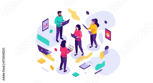 Diverse Team Collaborating on Digital Projects Utilizing Technology and Data Analysis for Success