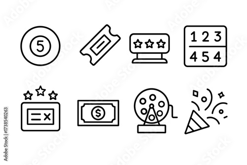 Lottery Icons Set. Outline icon set of lottery: lottery ball, ticket, jackpot, numbers, winning ticket, cash prize, drawing machine, confetti. Line icons in