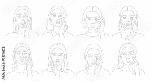 Collection of Facial Expressions Showing Different Emotions and Feelings Depicted in Line Art Style