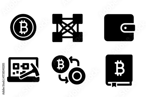 Digital Currency Icons. Solid, filled icon set of digital currency: cryptocurrency coin, blockchain, digital wallet, QR code payment, mining rig, token